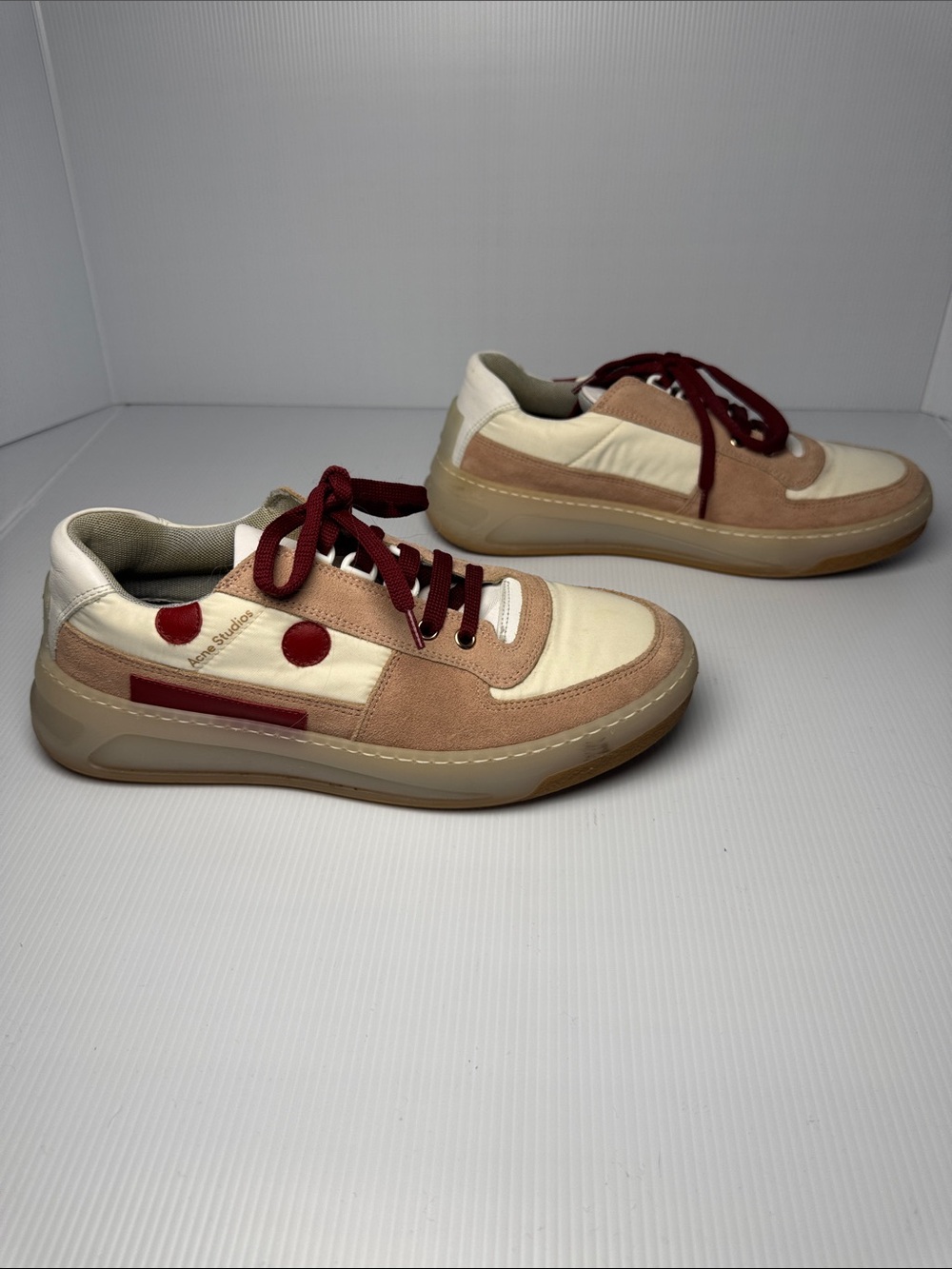 ACNE STUDIOS Logo Face Trainer Sneakers Pink Suede Burgundy Cream Women's 9/39